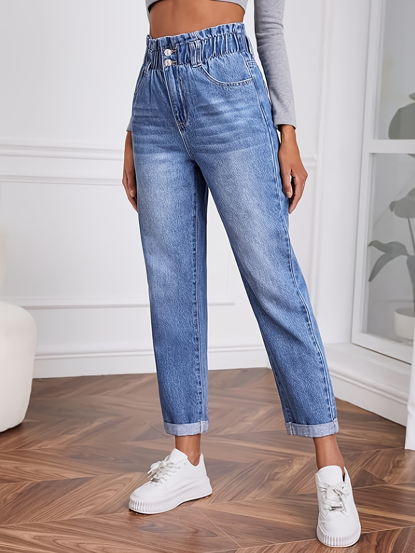 Women's Stretch Jeans - Fashion Elastic Waistband Lotus Leaf Design & Rolled Cuffs