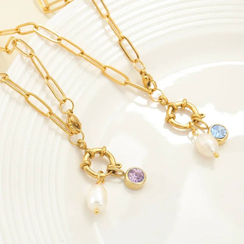 women's neck chain Golden Choker Pendant Necklace for women Freshwater Pearl 12 Birthstone Pendants stainless steel Jewelry Gift Jewelry for Wome