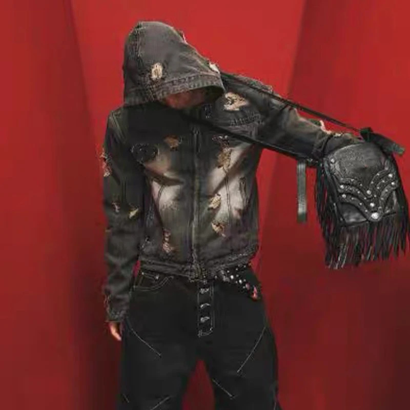 NIGO Mens Retro Old Fashion Denim Jacket Zip Destruction High Street Trend Hiphop #NGTOP11968 250811