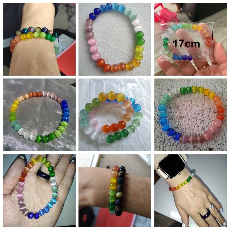 Rainbow 8 mm Cat Eye Stone Beads Bracelets Men Handmade Bracelet For Women Elastic Pulsera Lucky Friendship Party Jewelry Gifts 250805