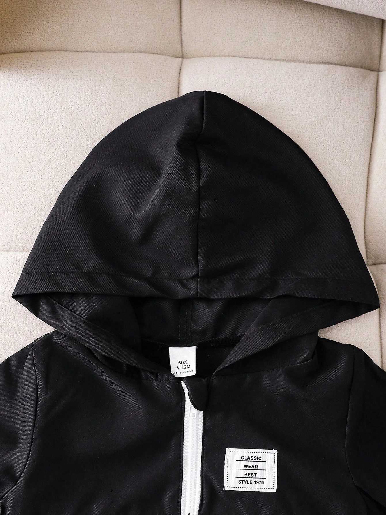 Hoodie Matching Color Long Sleeve Zipper Half Cardigan Top Elastic Waist Corset Pocket Pants Handsome Boy Baby Black Suit Z250811