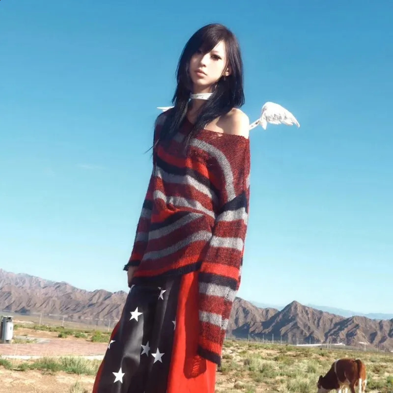 Karrram Y2k Aesthetics Off Shoulder Pullover Grunge Gothic Red Striped Sweater Japanese Harajuku Loose Knit Tops American Retro 250811
