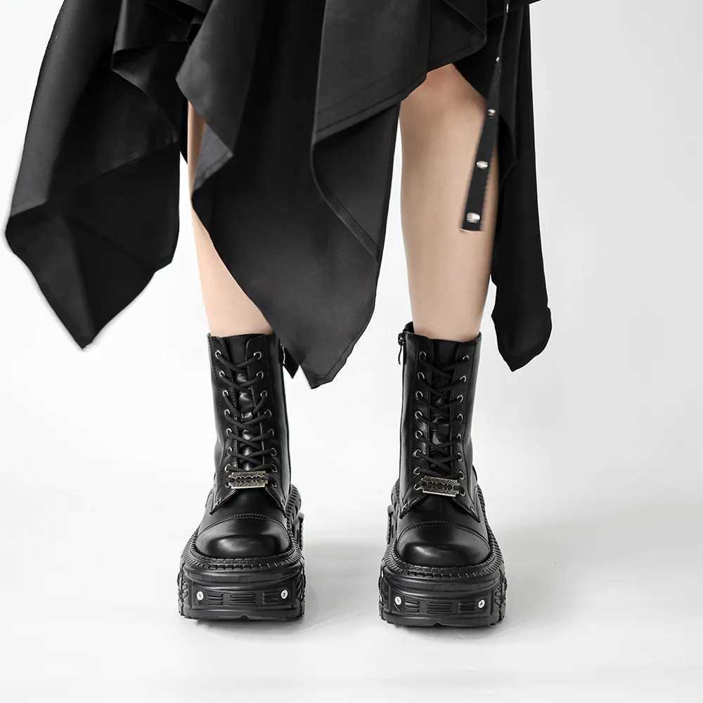 Metal Thick-Soled Heightening Men Womens Ankle Boots Dark Punk Lace Up Leather Round Toe Goth Motorcycle Boots Short Boots 44 W250811