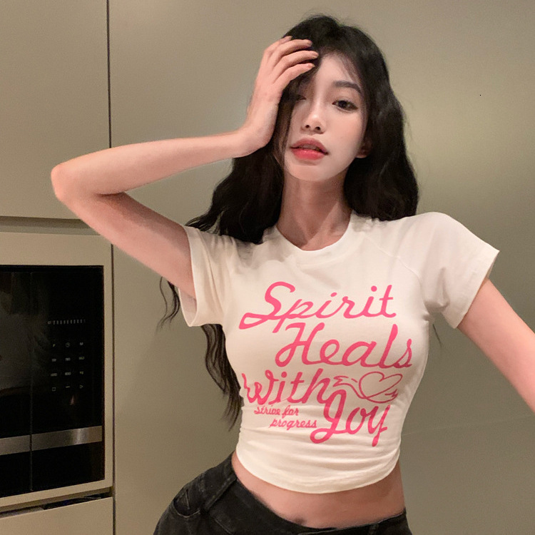 Sweet and Spicy Printed T-Shirt for Women, Ins Trend Summer White Hot Girl High Waist Slim Sexy Short Sleeve Short Top