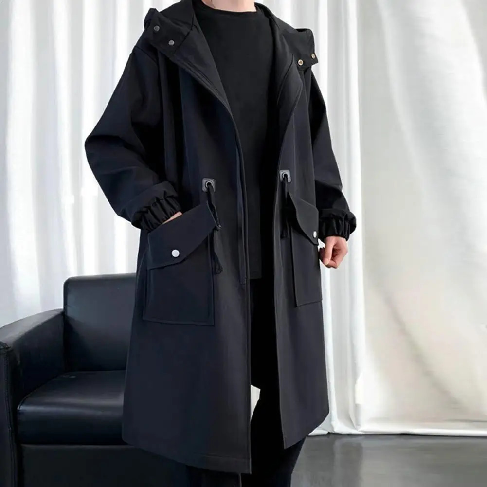 Comfortable Men Windbreaker Streetwear Mens Trench Coat with Hood Big Pockets Windproof n Mid Length Solid Color for 250729