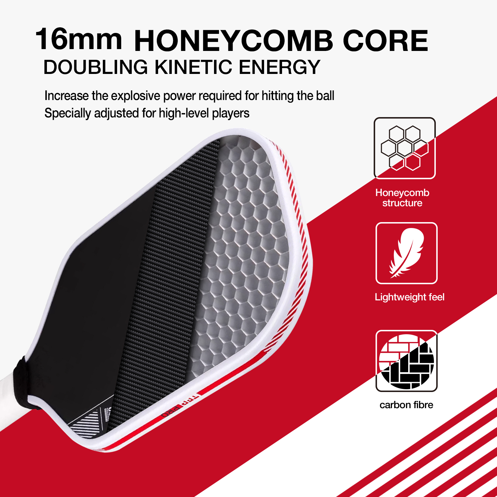 New Arrival Carbon Fiber Pickleball Paddle, 16mm Polymer Honeycomb Core Increased power and control
