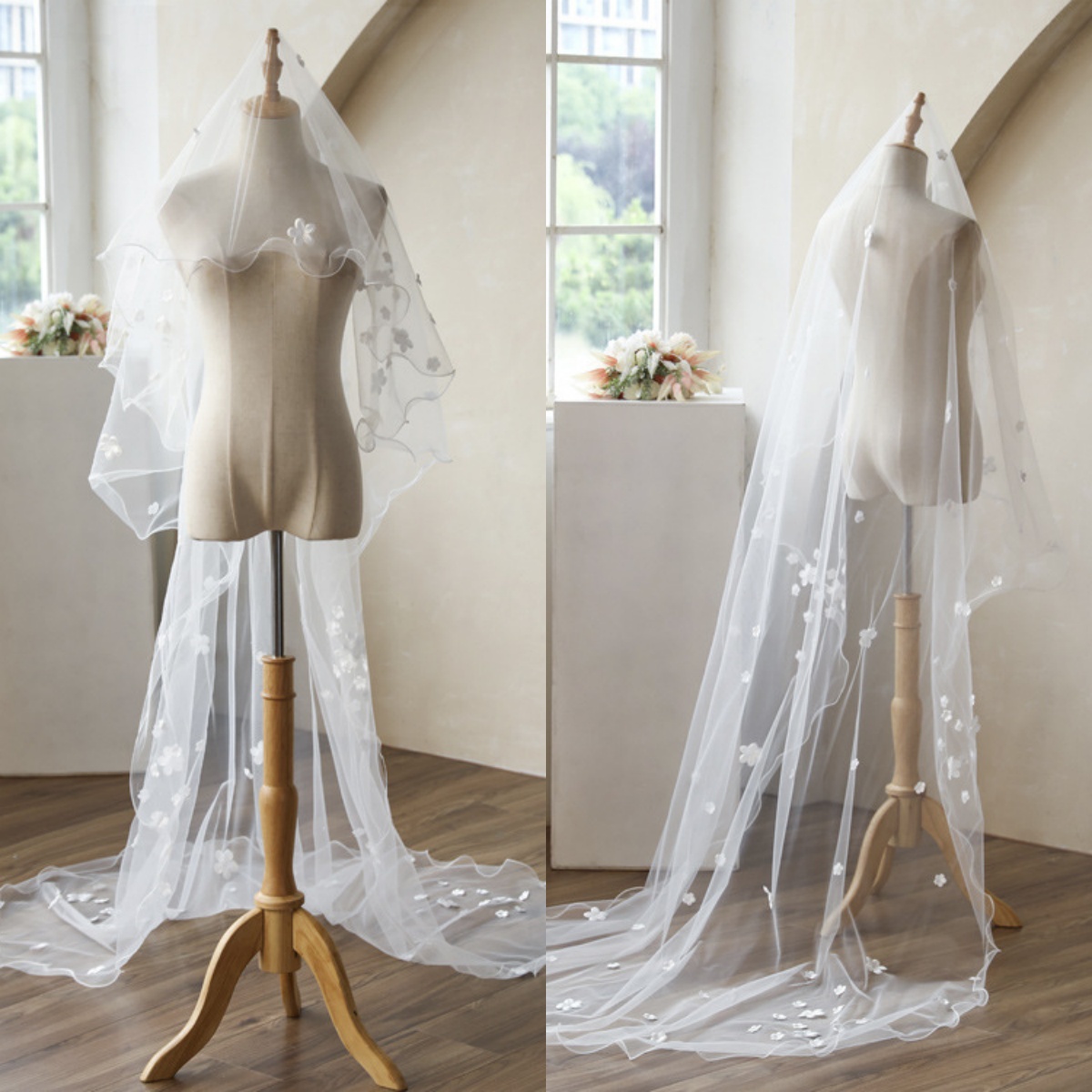 Designer Wedding Veil Lace One Layer Cathedral Length Bride Veils Applique Flowers Bridal Accessories Customized High Quality