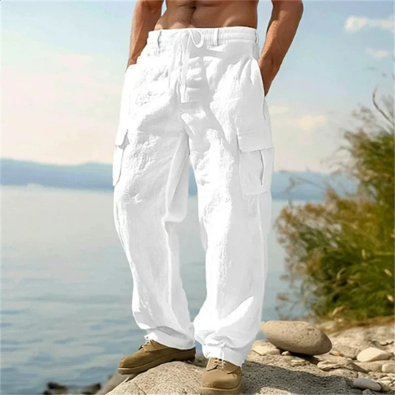 Mens Casual Trousers Loose Comfortable cargo pants Pants Man Cotton Linen multi-pocket Straight trousers Beach thin men Pants 250805