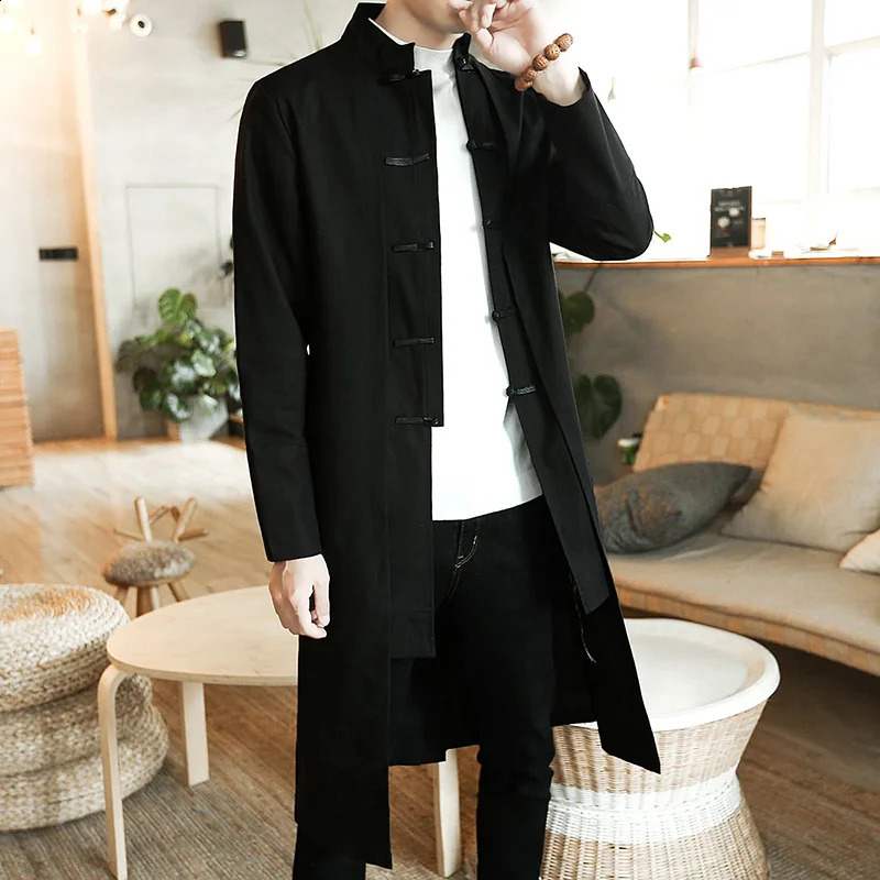 Trench Men two Pieces Cardigan Kimono Male Long Chinese Style Black Vintage Cotton Linen Robe Tai Chi Kung Fu Tang Costume 250805