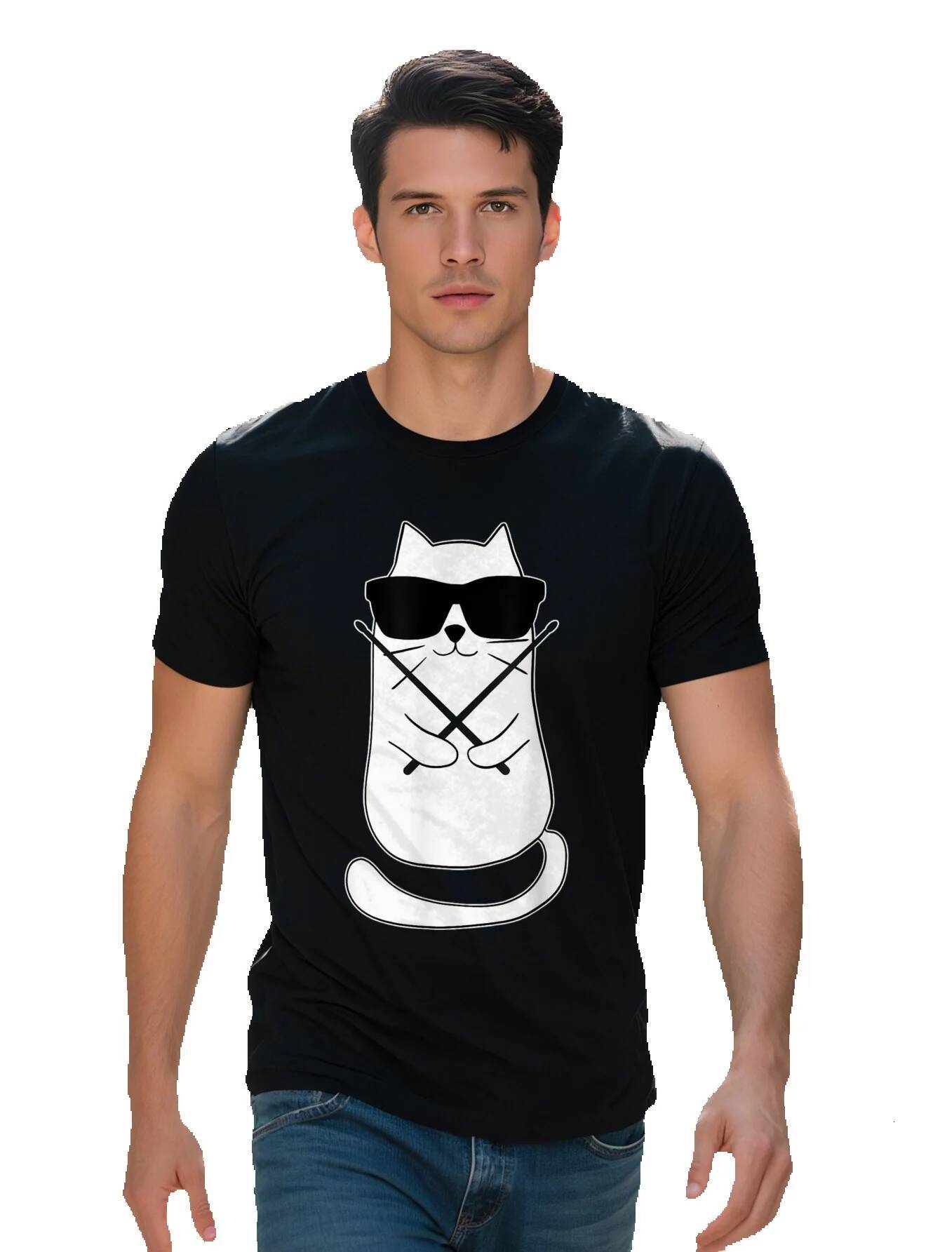 Men's T-shirt Cotton Funny Drummer Cat Drumming Set Drum Sticks Retro T Shirt 2d13c ecad3
