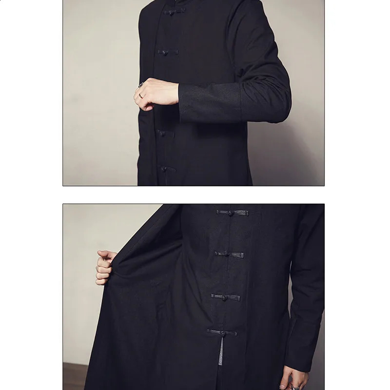 China Style Black Men Long Jacket Single Breasted Standing Collar Embroidered Trench Coat Asian Size M5XL 250729