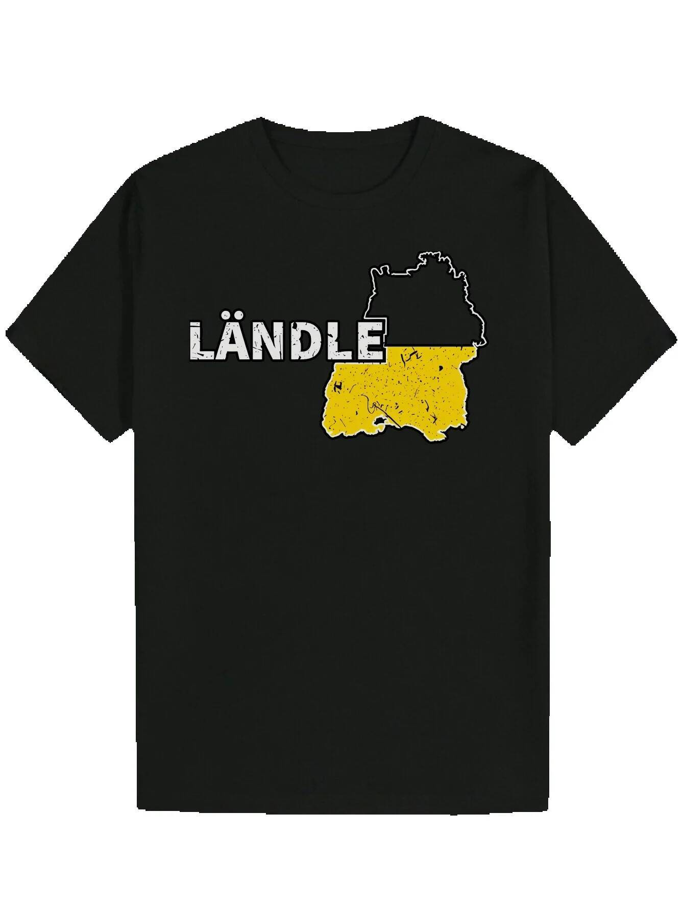 Men's Short Sleeve T-Shirt - Black Distressed 'LANDLE' Letter Print and Yellow Map Pattern, Lightweight Polyester Crew Neck Machine Was