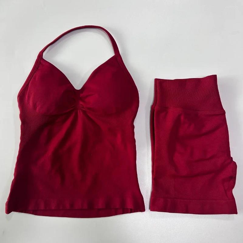 Women's Tracksuits Gym Set Women Two Piece Backless Tank Tops High Waist Scrunch Seamless Shorts Sport Suit Sportswear Workout