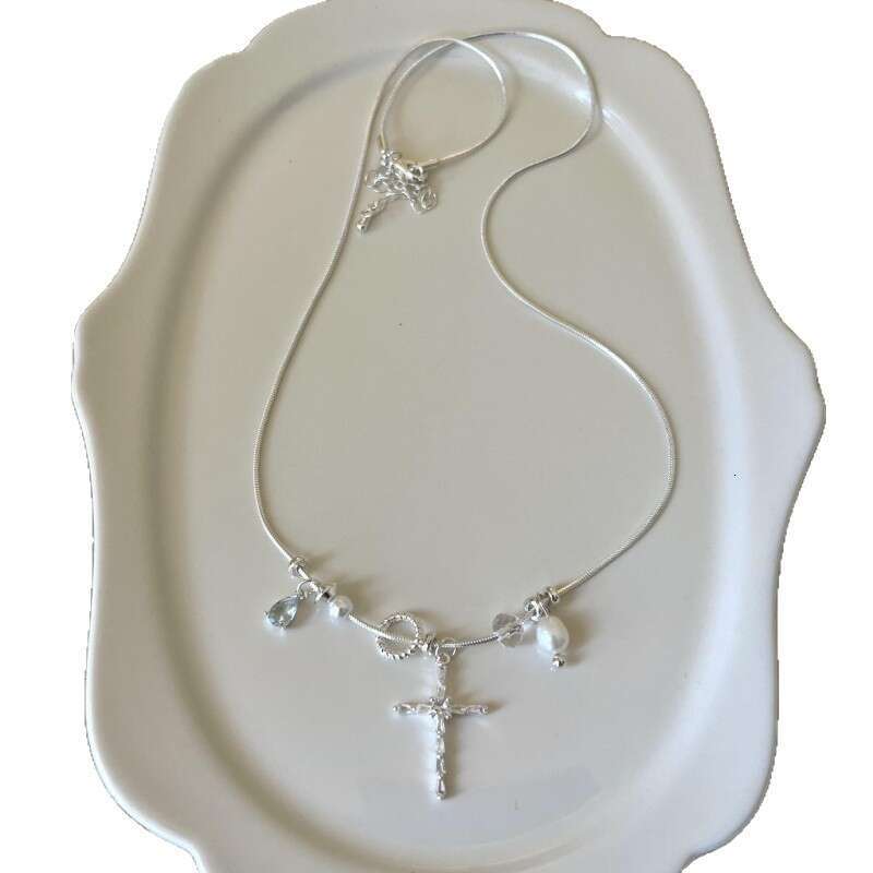 Natural Pearl Blue Water Drop Zircon Collarbone Chain Elegant High-end Fresh Versatile Cross Internet Celebrity Necklace