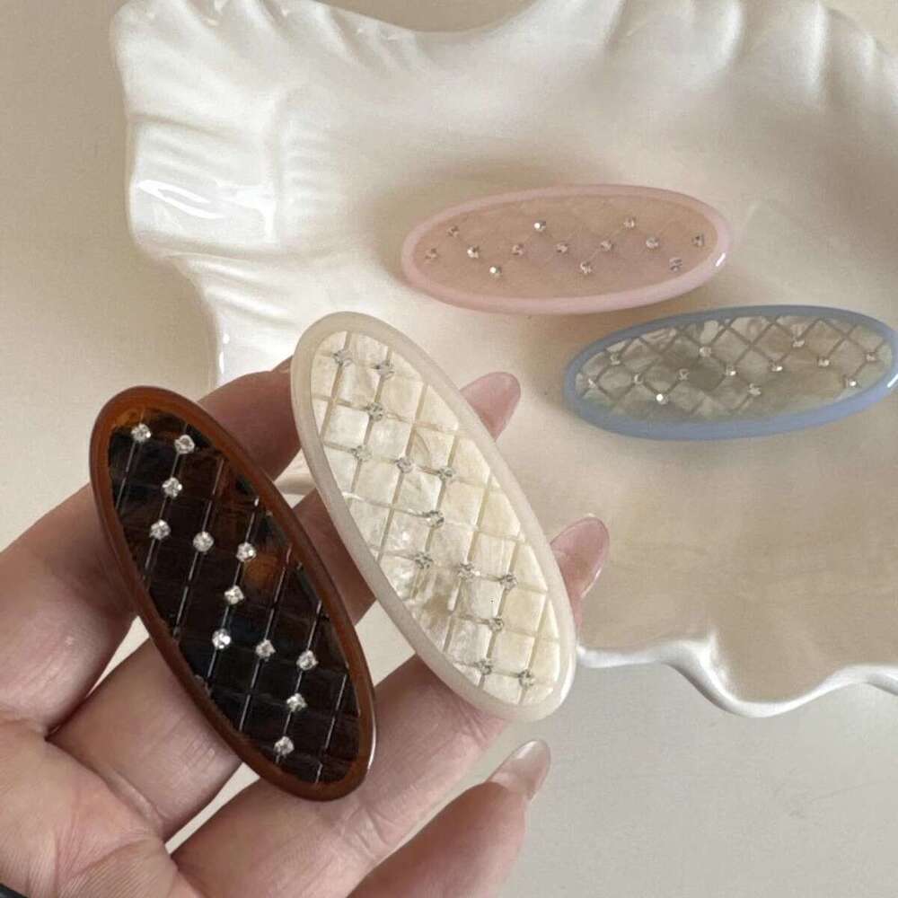 Oval Rhombus Plaid Rhinestone Simple Versatile Duckbill Acetate Side Clip Bangs Hairpin Hair Accessory New Style