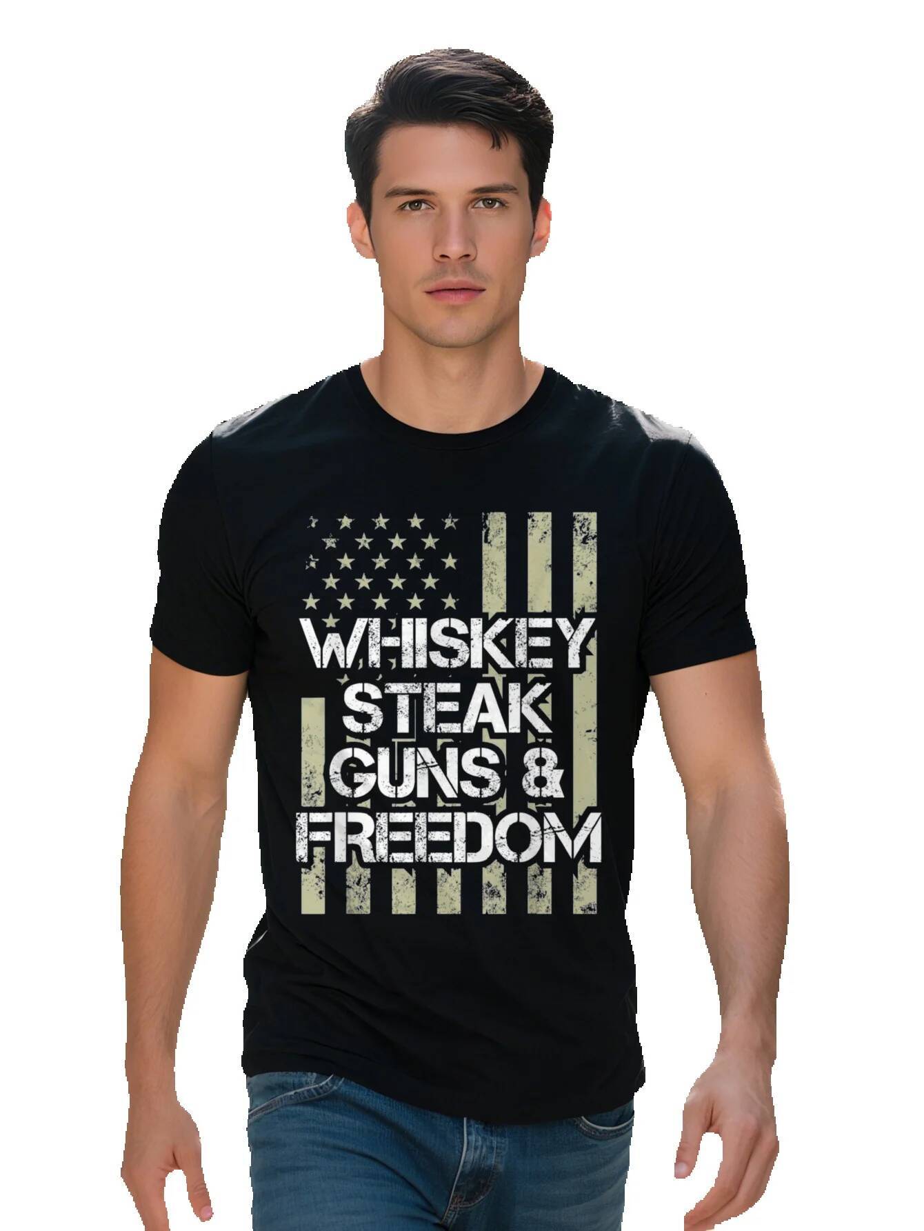 Men s g Cotton T Shirt Whiskey Steak Guns Freedom American Flag Graphic Tee Black Short Sleeve Round Neck 43f46 fced2