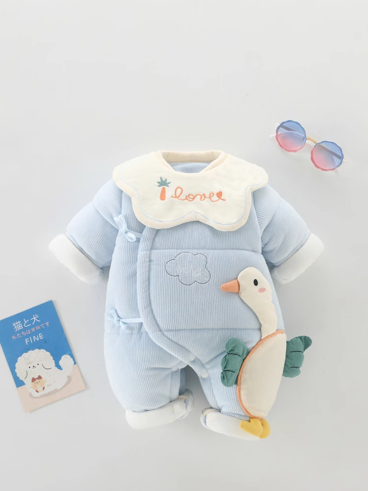Baby Winter Fleece Thick Cotton Detachable Bib Onesie with Ties