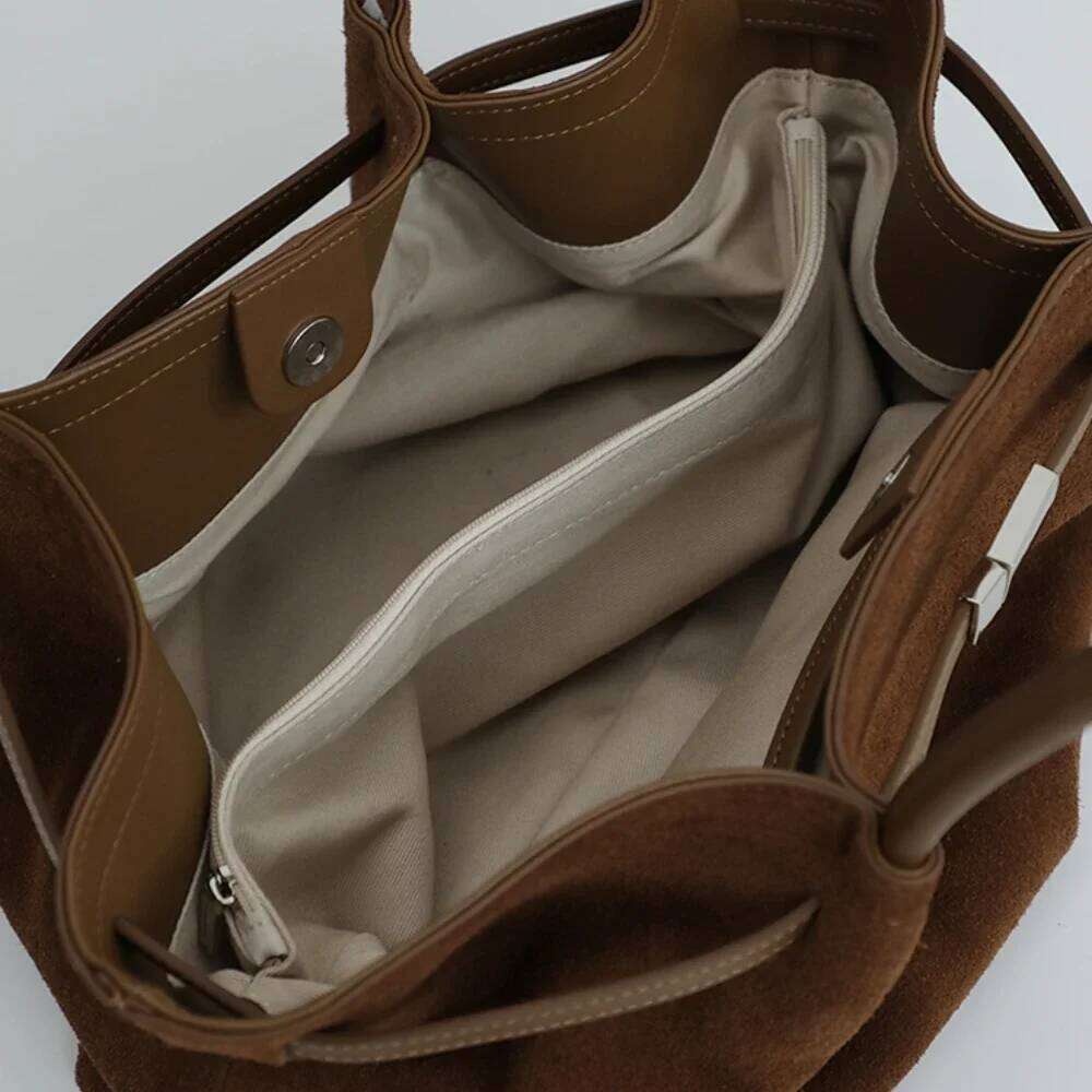 2025 Youth Fashion Large Capacity Trapeze Tote Coffee Camel Color Matte Suede Leather Women Handbag Frosted Skin Shoulder Bag