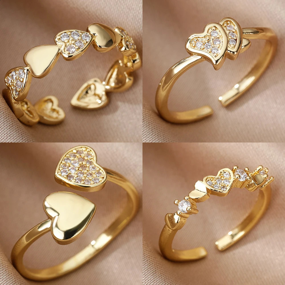 Heart Zircon Rings for Women Open Adjustable Stainless Steel Ring Gold Color Romantic Wedding Couple Aesthetic Jewelry anillos 250805