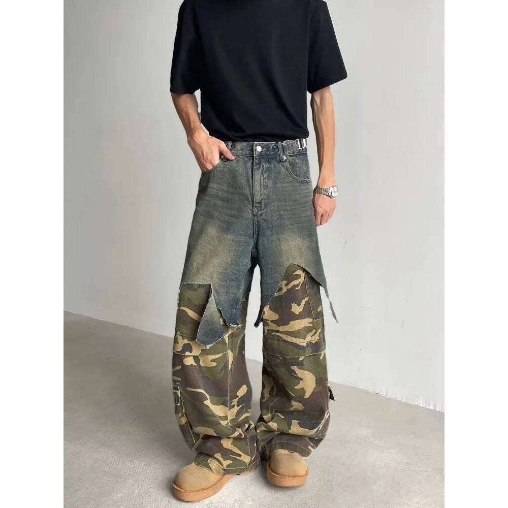 2025 Ropa Y2K Grunge Camouflage Patchwork Baggy Stacked Jeans Pants For Men Clothing New Rock Wide Leg Straight Denim Trousers