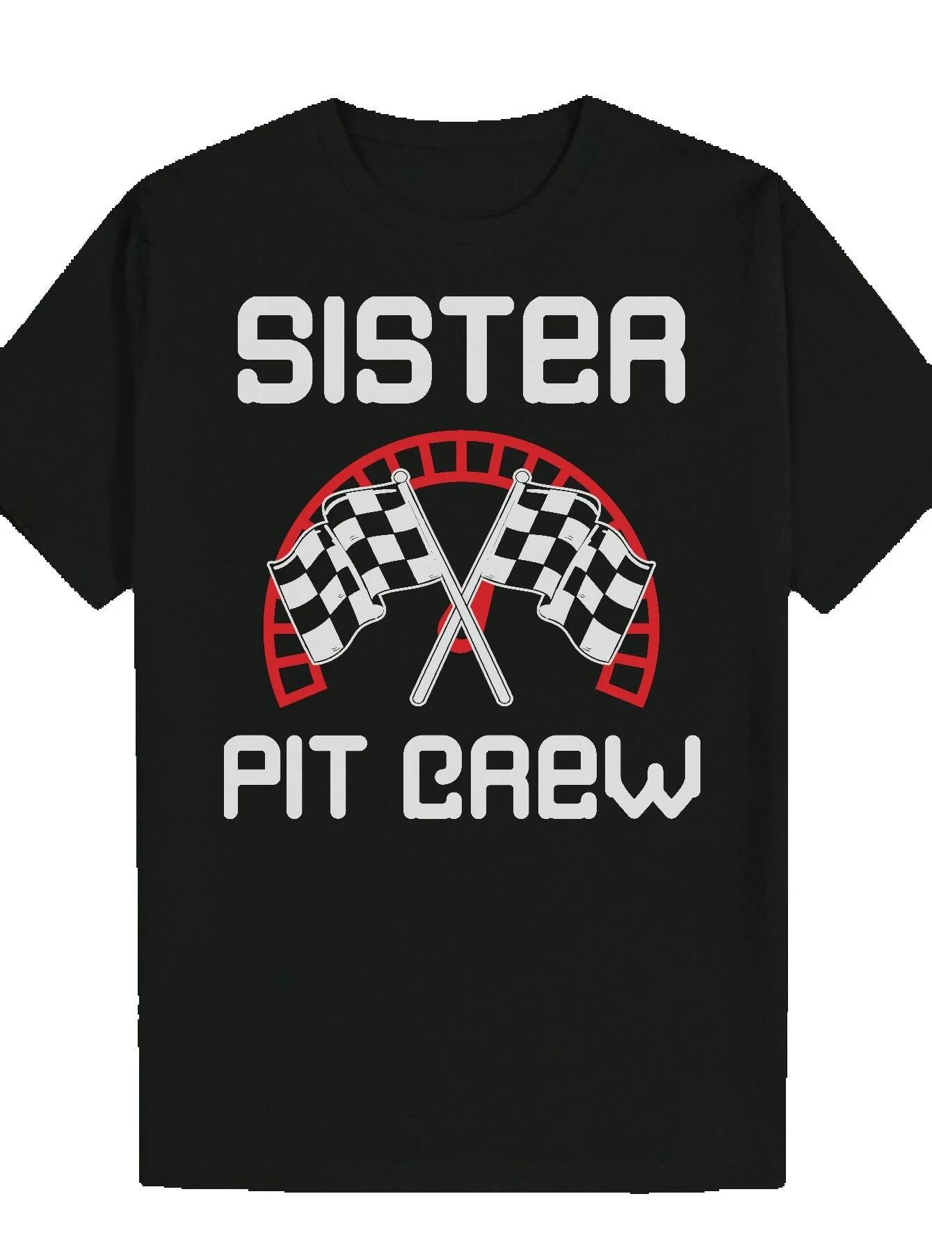 Men's Pattern T-Shirt - Black Racing Style "SISTER PIT CREW" Design with Checkered Flag, Polyester Fiber, Regular Fit, Machine Washable