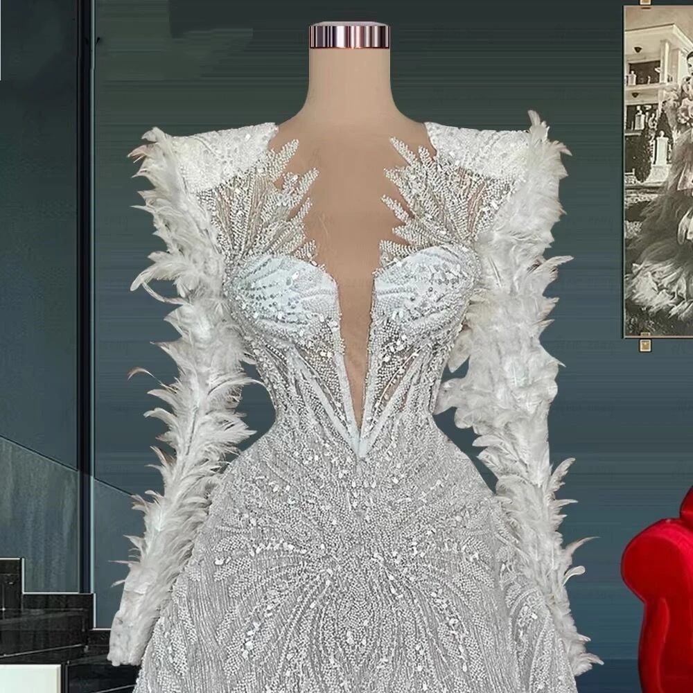 Exquisite Mini Evening Dresses Sequins Feather Gown V Neck Long Sleeves Short Dress Evening Party Customized Dress