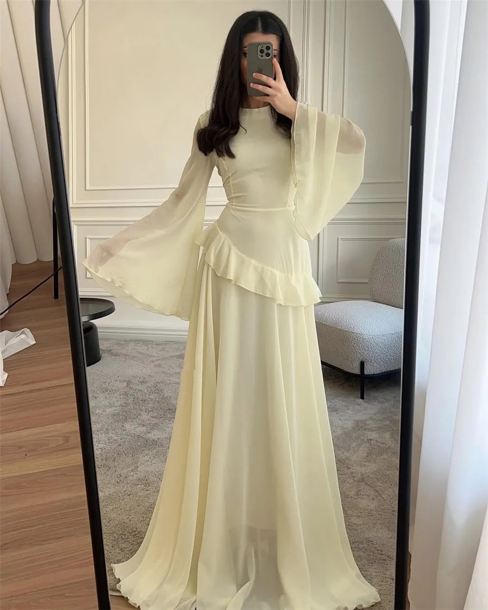 Summer Ruffles Flowy Scoop Prom Dress Saudi Arabia n Long Sleeves Tulle Evening Wedding Formal Party Gown Elegant 250811