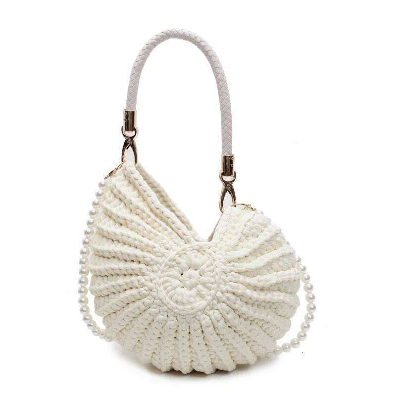 Creative Conch Shaped Crochet Women Shoulde Bags Funny Cute Pearls Chains Handmade Weave Crossbody Bag Novelty Small Handbags