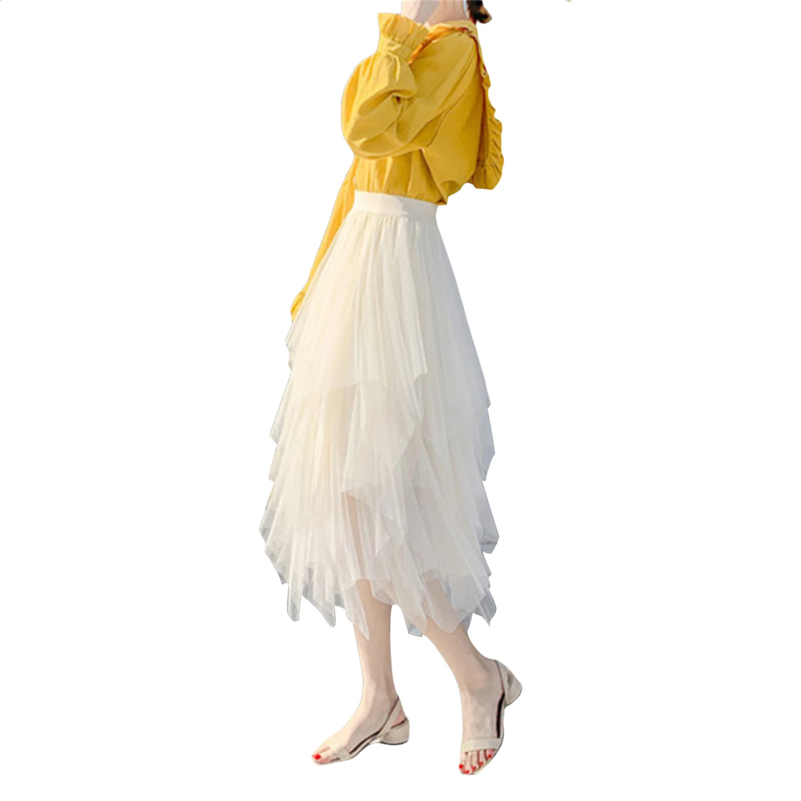 Fairycore Ladys Fashionable Sexy Solid Color Mesh Skirt Irregular Elastic Tulle Bubble Skirt Daily Life and Vacation 250809