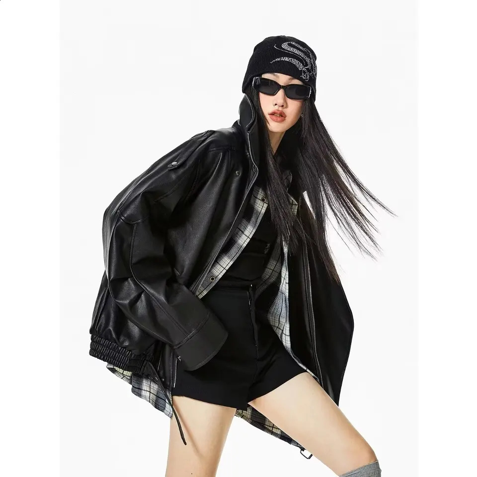 Korean Fashion Black Leather Jacket Women Clothing AutumnWinter Loose Casual Coat PU Leather Motorcycle Jacket Women Tops 250811