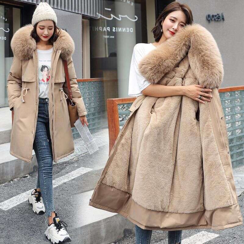 Women's coat, medium to long, with a large leather collar and a V-shaped down cotton jacket