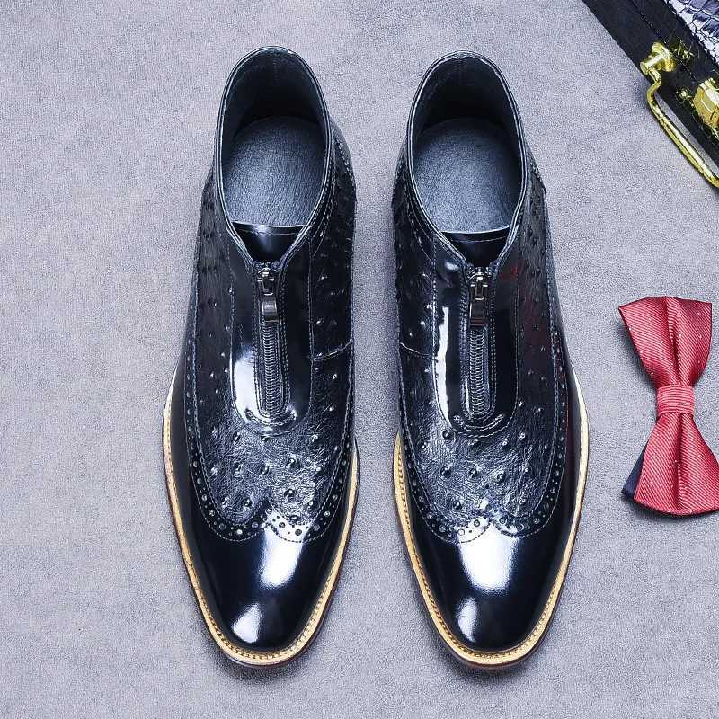 Handmade Ostrich Pattern Brown Men Ankle Boots Genuine Leather Retro Zipper Short Boots High Quality Autumn Winter Men Shoes W250811