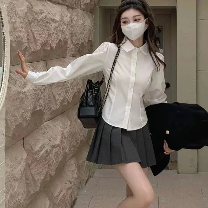 Xpqbb Womens White Shirt Korean Preppy Style Long Sleeve Turndown Collar Blouse School Girl Uniform Student Slim Shirts 250811