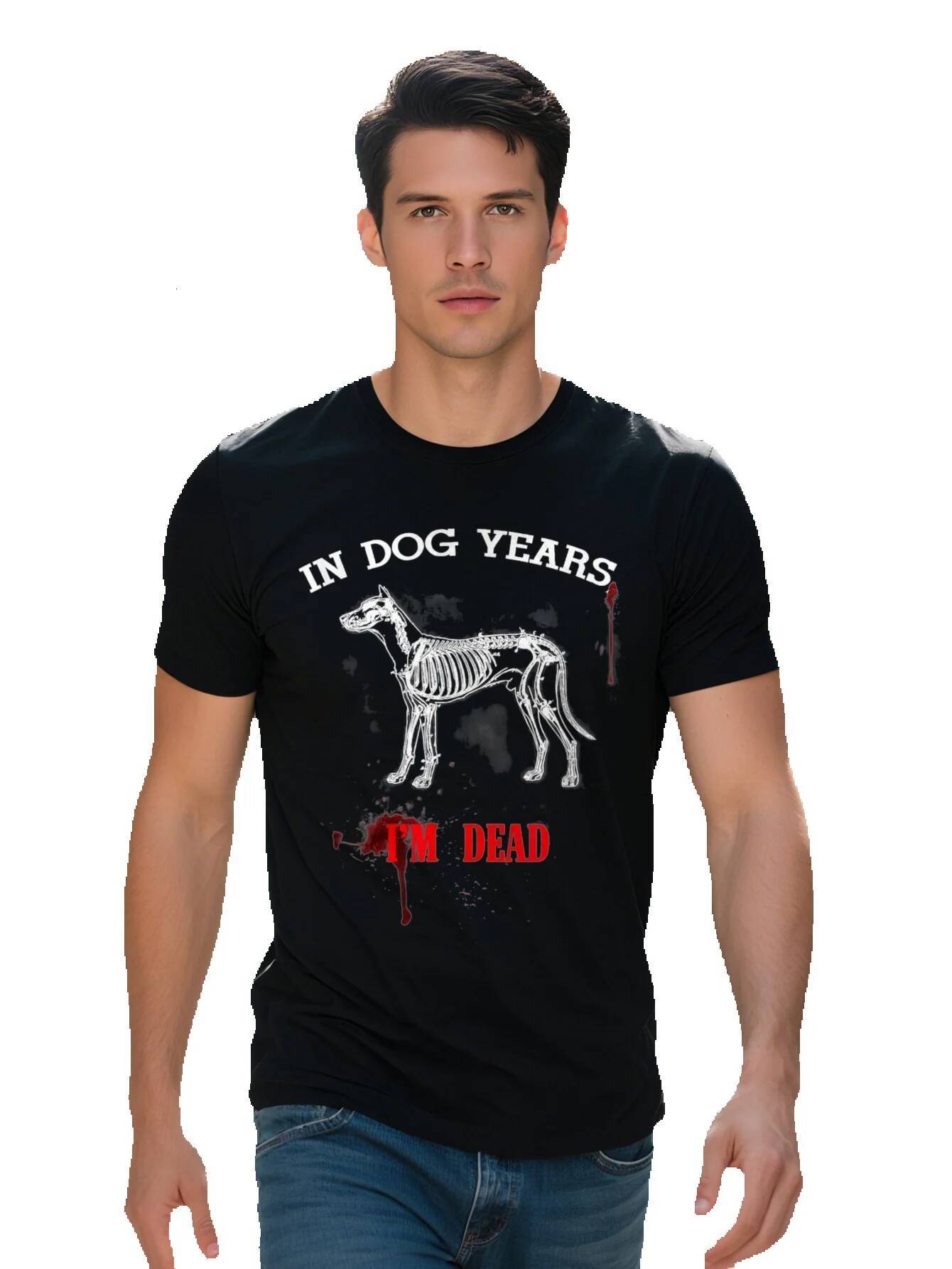 Men s Funny Pet Owner T Shirt In Years I m Dead Cotton Graphic Tee Black with White Skeleton Design Short 0c53d f5279