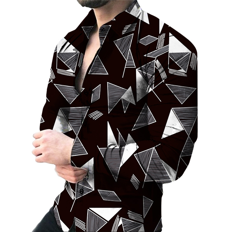 2025 Mens Long Sleeve Men's long shirt with gradient color digital print casual slim lapel long-sleeved shirt thin men's shirt European code