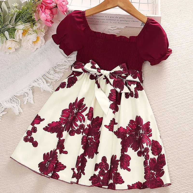 4-7 Years Summer Girls Puff Sleeves Print Dress Four Colors Available Vintage Princess Wedding Party Gift Costume W250811