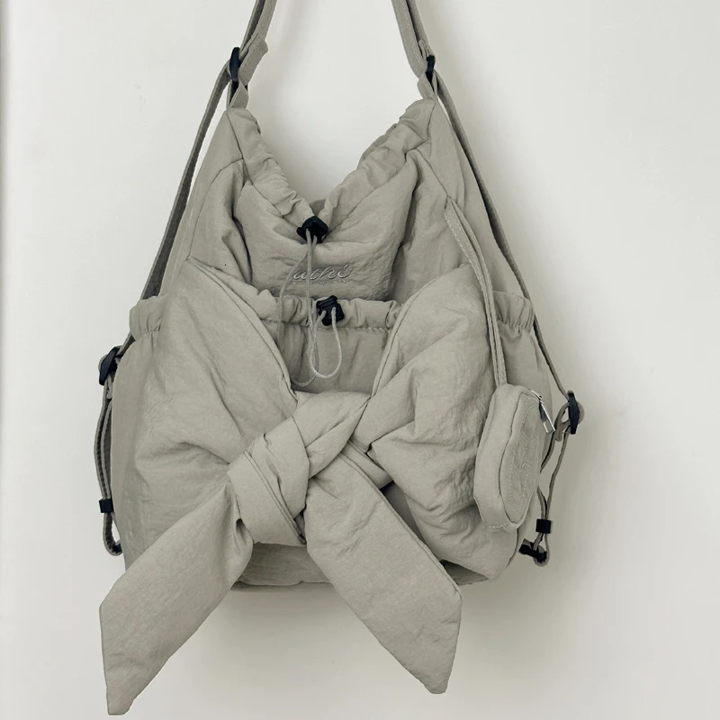 Women Simple Shoulder Bag Large Capacity Bow Drawstring Backpack Solid Color Daily Tote Handbag Female Outdoor 250811