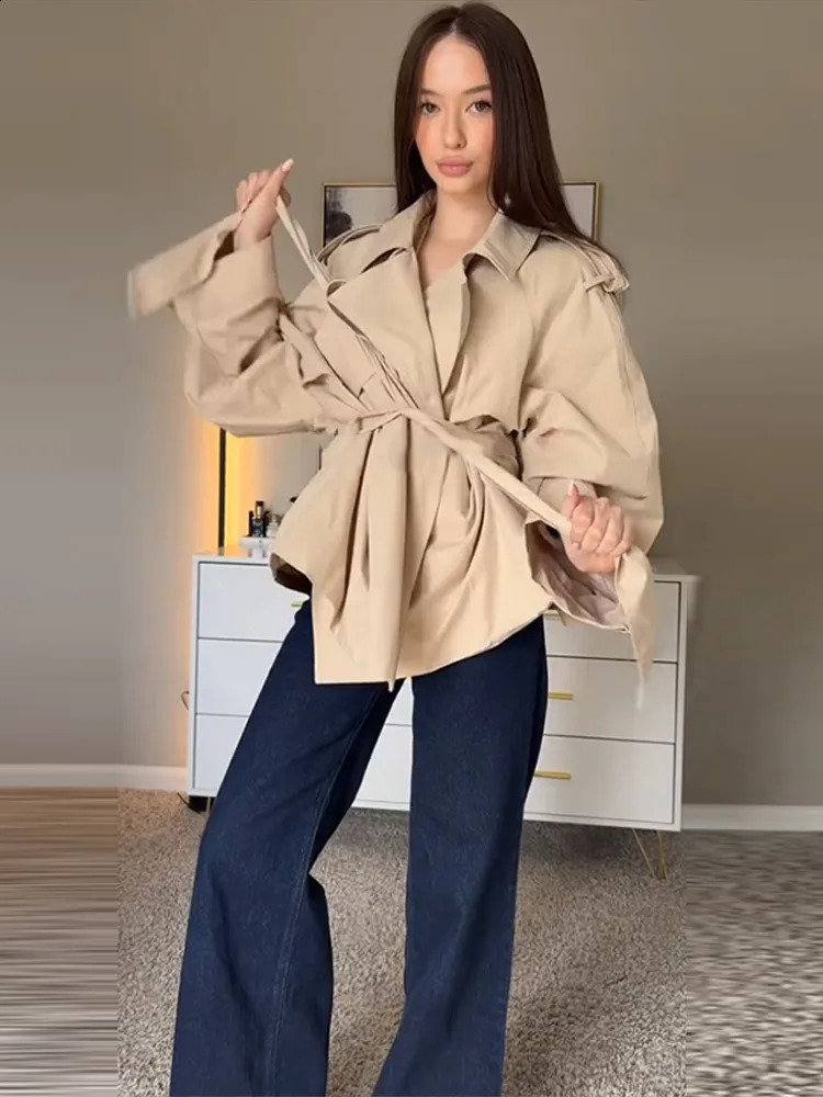 Casual Office Womens Bomber Jacket Chic Lace Up Lapel Collar Full Sleeve Female Coat Spring Office Lady Outerwear Commuting 250805