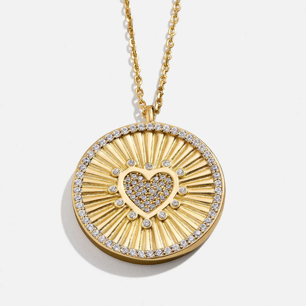 DHpet Double-Sided Heart Round Necklace Oil-Drip Heart-Shaped Full Dia Inlaid Pendant Versatile Sweater Chain Electroplated Color Retention