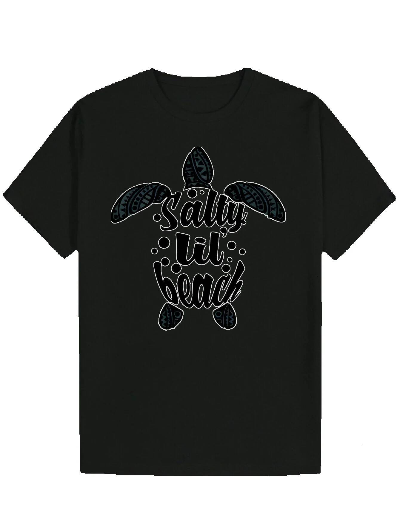 Men's Salty Graphic - Black Summer Casual T-Shirt with Turtle Graphic, Soft Polyester Fabric, Round Neck, Short Sleeve, Lightweight and Breathabl