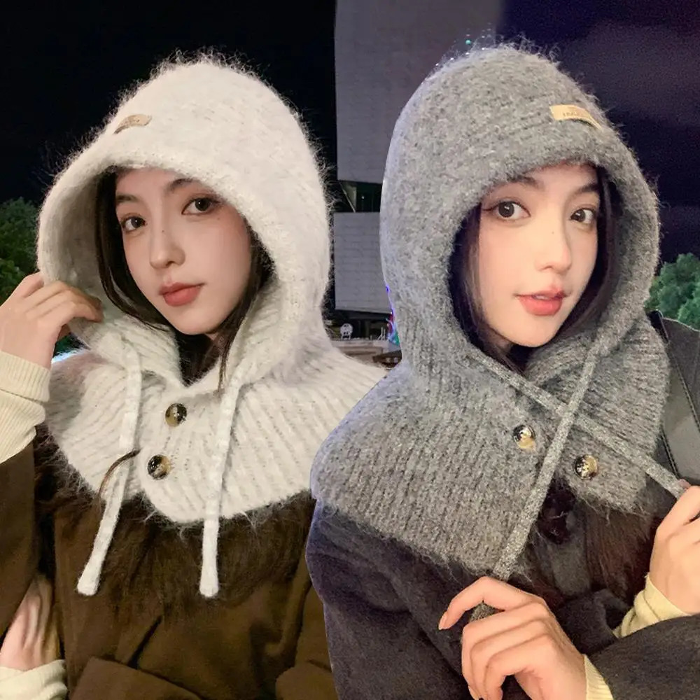 Winter Beanie Hats One-Piece Knit Wool Balaclavas Hooded Caps Korean Style Womens Winter Hood Neck Warmer Cycling Beanies Caps 250808