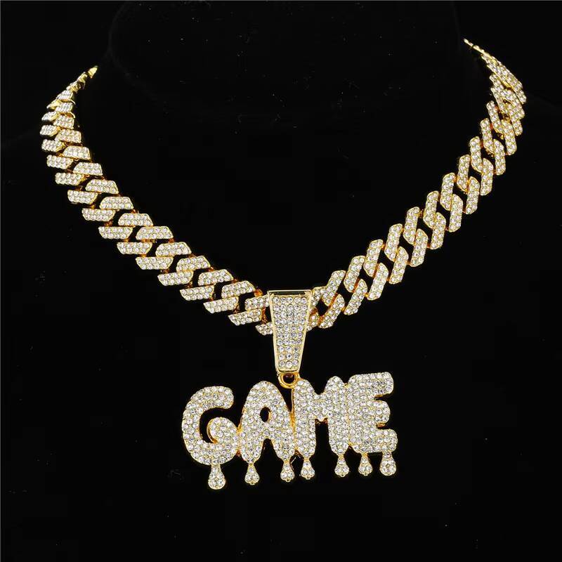 Hip Hop Icy Bling Jewelry Mens Luxury Gold Plated Rhinestone Diamond Drip GAME Letter Pendant With Prong Cuban Necklace CHAIN