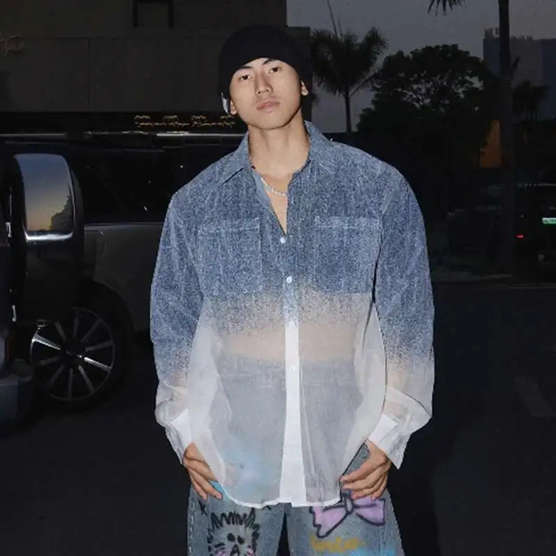 FEWQ Niche Mens Shirts Lapel Denim Single Breasted Long Sleeved Casual Gradient Color Loose Male Pocket Top Chic 24K3470 250811