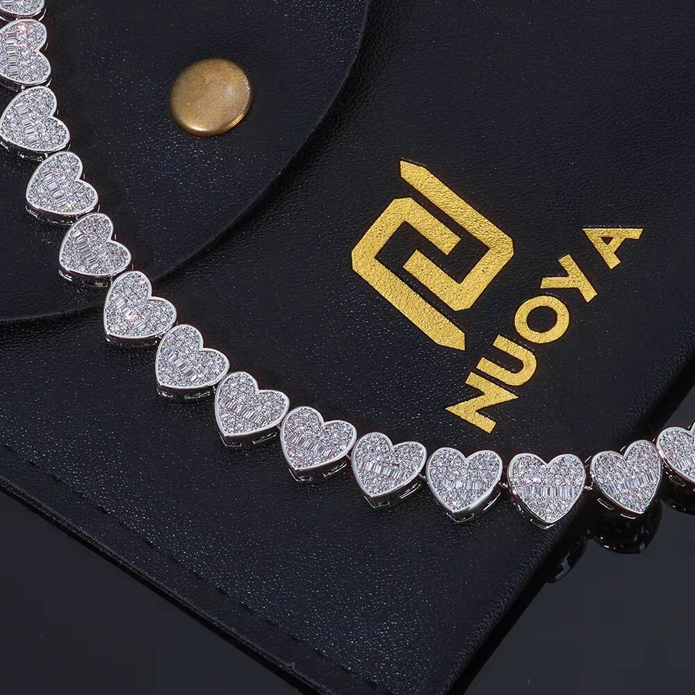 Nuo Ya Hip Hop 8mm Cluster Tennis Necklace with Ice Grade Moissanite Mixed Inlay Long Bar Heart Design 925 Silver Ex Necklace