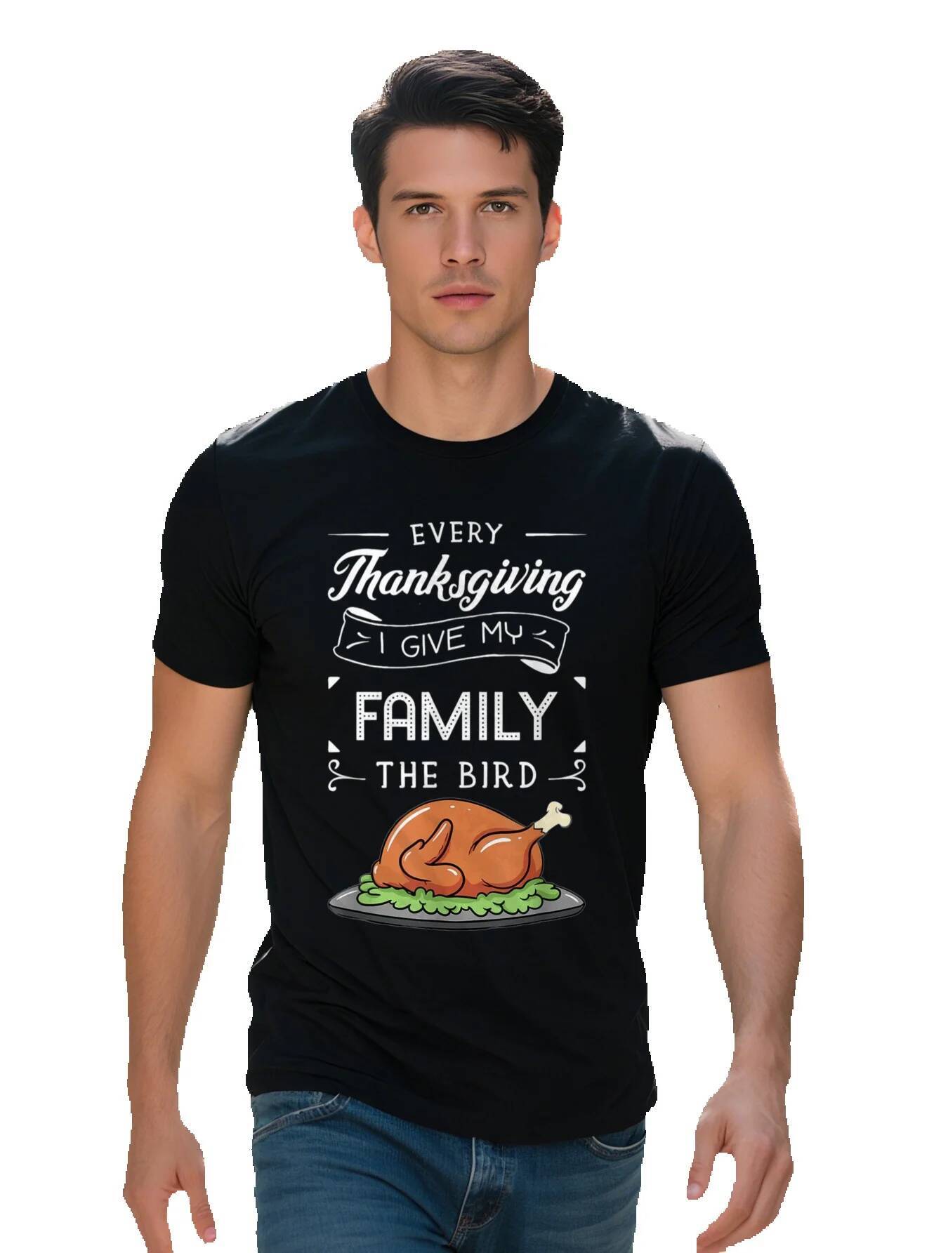 Men s Festive Graphic T Shirt Cotton Short Sleeve Crew Neck in Black Every I Give My Family the Bird Design e793a