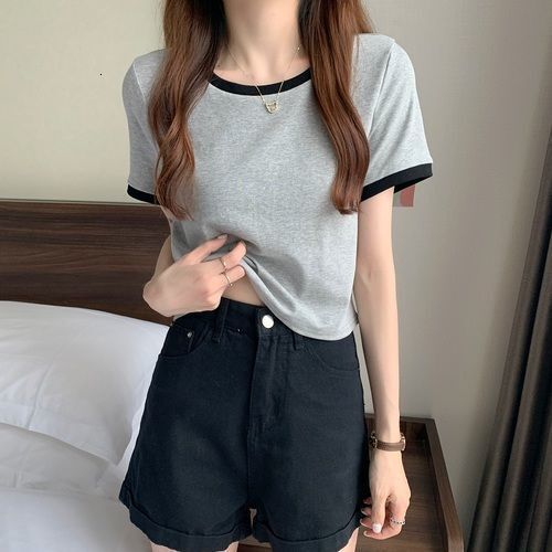 Color Block Round Neck Short Sleeve T Shirt For Women New Summer Base Shirt Korean Style Slim Fit Short Student Top Trendy