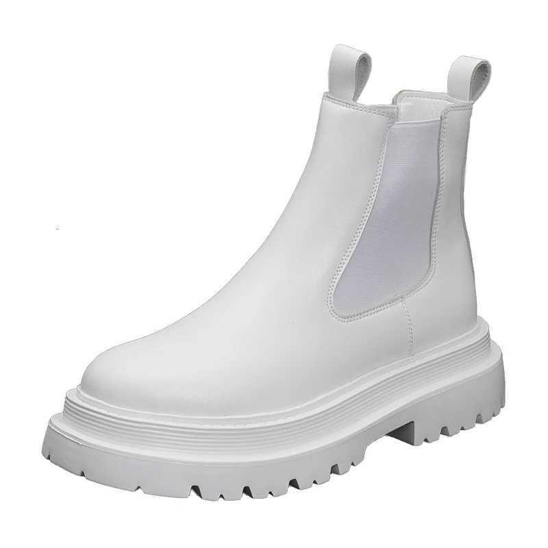 Mens Chelsea Boots - Unisex Couple Style Platform Mid-Calf Leather Boots Slip-On Round Toe Fashion Boots in White Green W250811