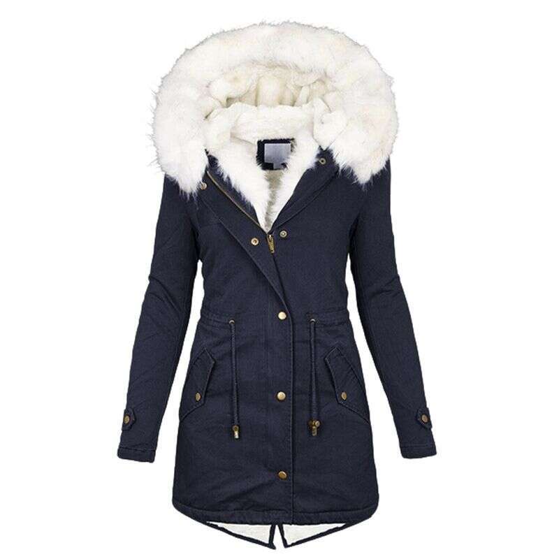 Women's cotton jacket with hooded leather collar, waist circumference, and thickened mid length