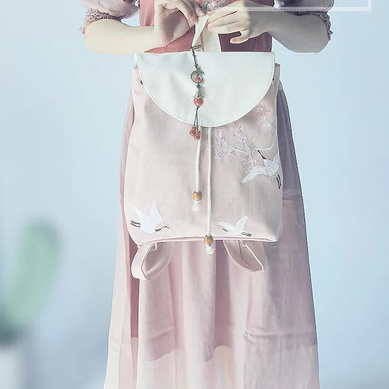 Womens Canvas Embroidered Flower Tassel Backpack Chinese Style Hanfu Casual Pendant Multi Pocket Large Capacity Girls Handbag 250811