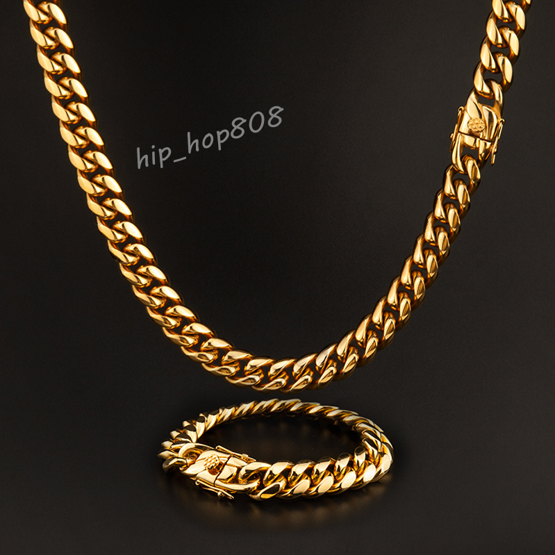Wholesale Hip Hop Jewelry 18K Gold Plated 316L Stainless Steel Miami Cuban Link Curb Chain Necklace Bracelet for Men Women